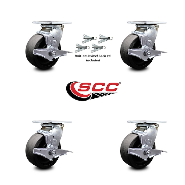 5 Inch Glass Filled Nylon Caster Set with Ball Bearings and Brake/Swivel Lock